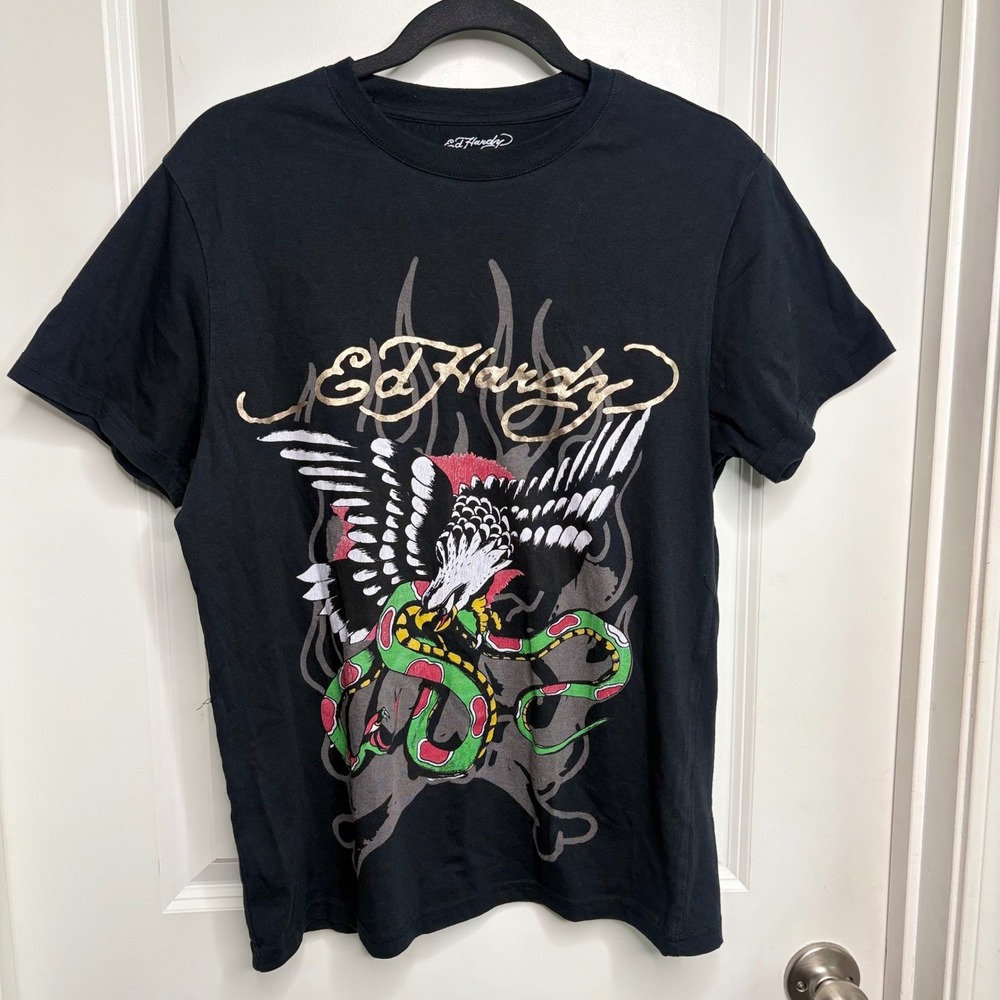 Ed Hardy Black Eagle Snake Graphic Tee Metallic Gold Logo Men's Small Y2K Biker